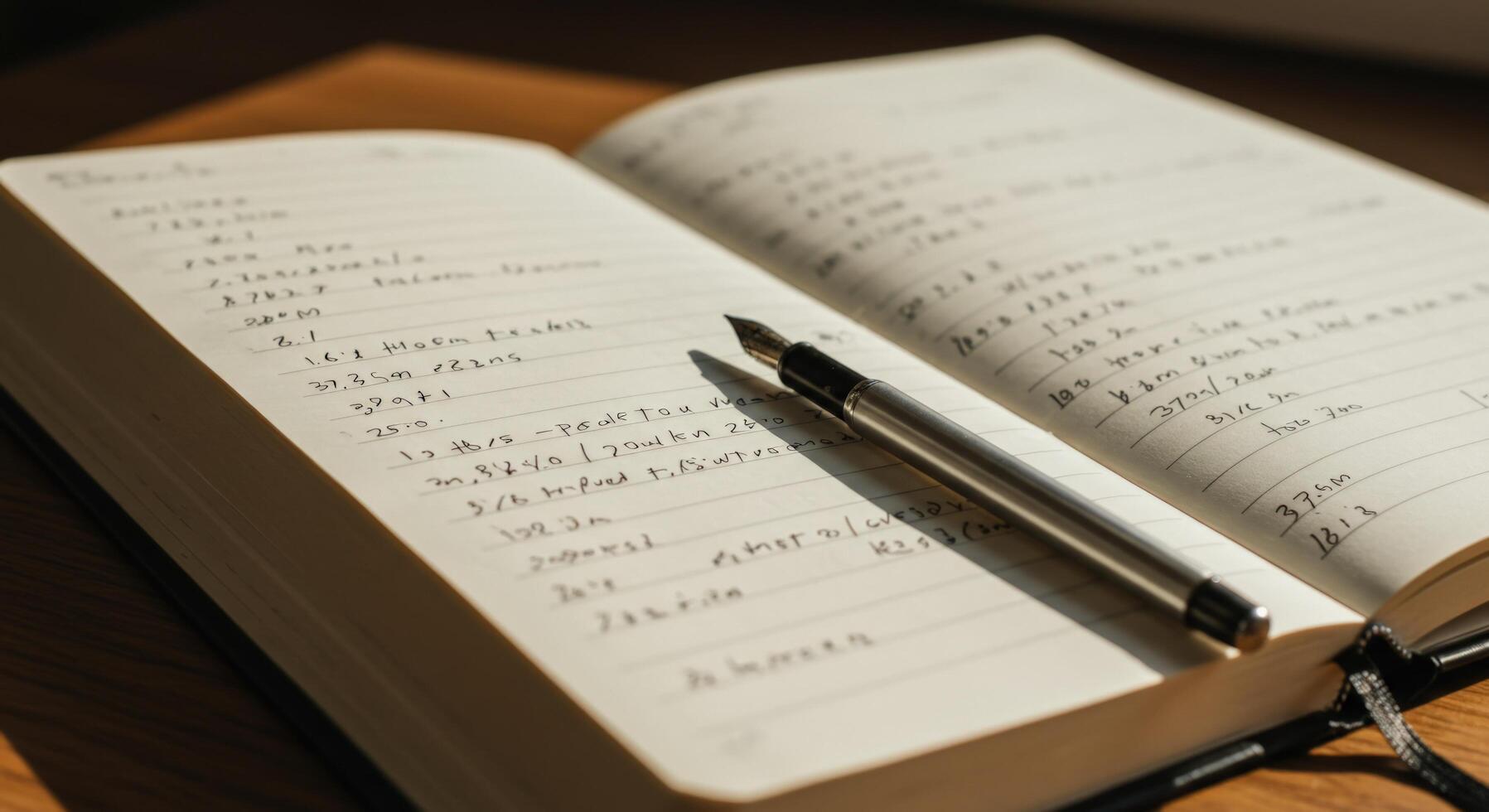 Open notebook with a fountain pen and reading glasses on a wooden desk